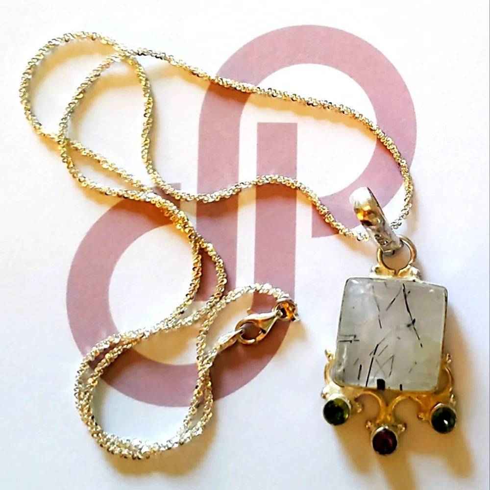SOLD-Rutile Quartz, Peridot, and Amethyst Sterling Silver Necklace - Picture 5 of 12
